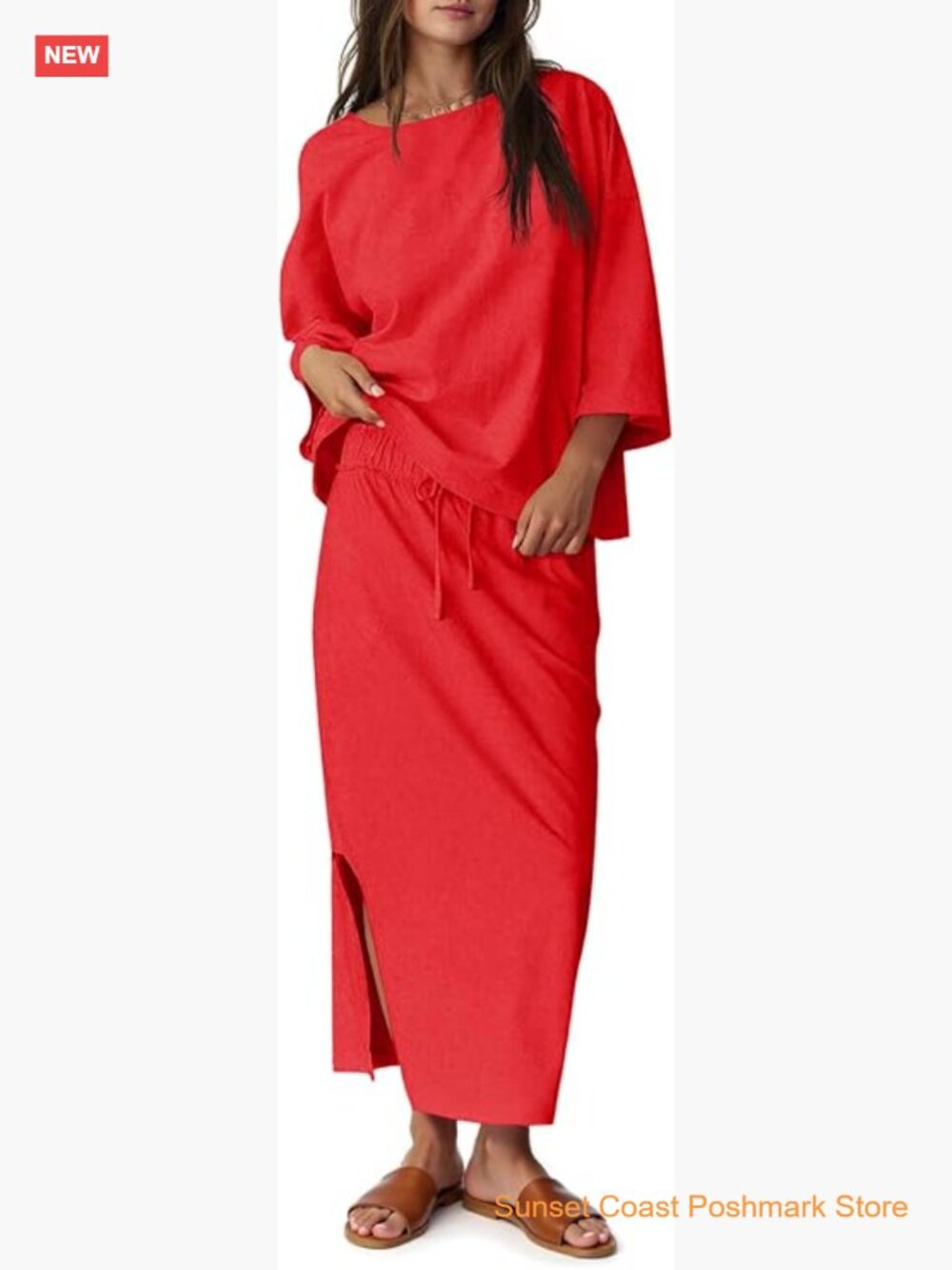 Womens 2 Piece Skirt Sets Oversized 3/4 Sleeve Top and Maxi Skirt Fall Matching